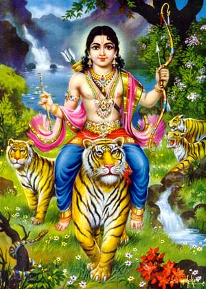 Ayyappa seated on a Tigress bringing the Tiger Milk after annihilating Mahishi